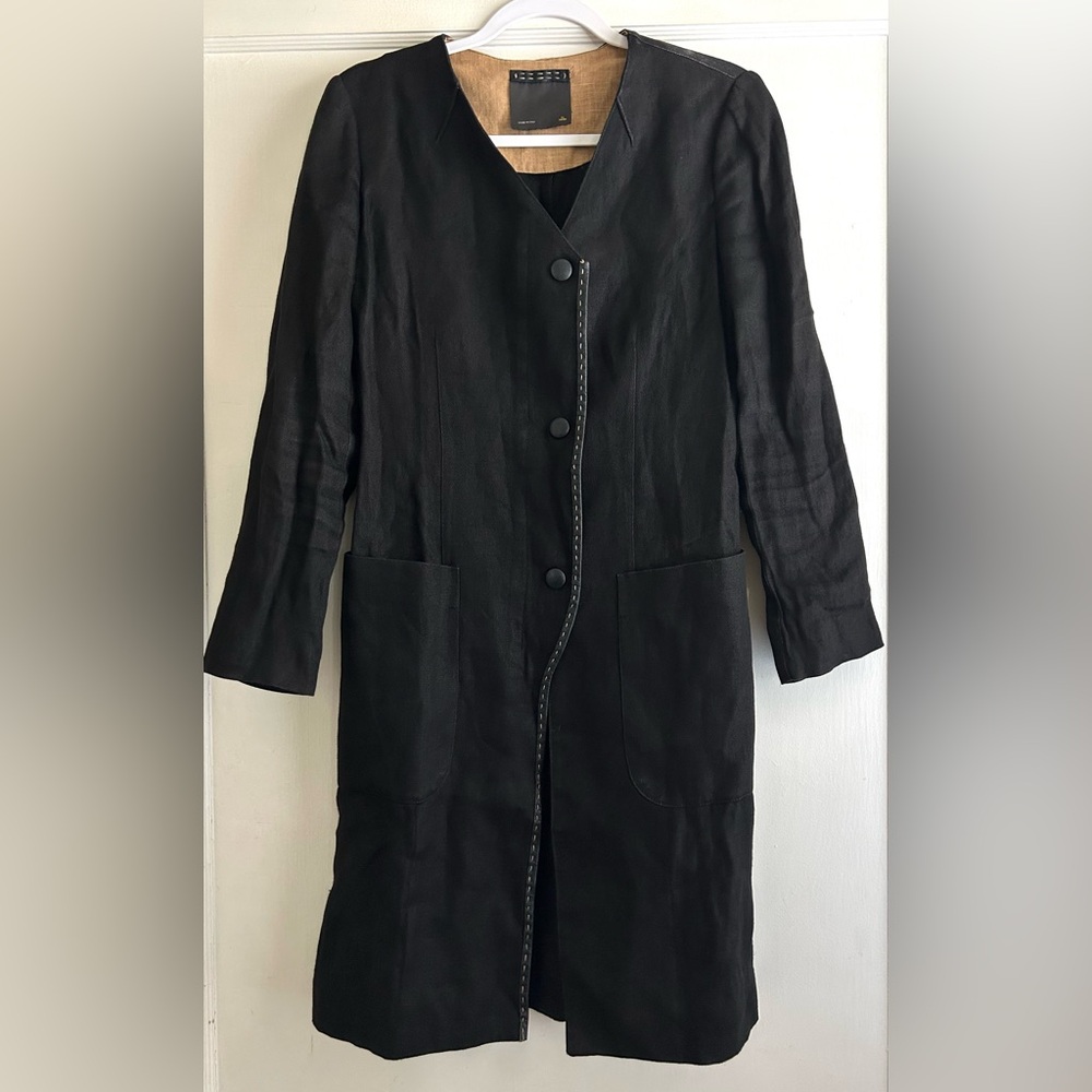 Vtg Fendi Karl Lagerfeld Black Linen Leather Trim Jacket Size 40